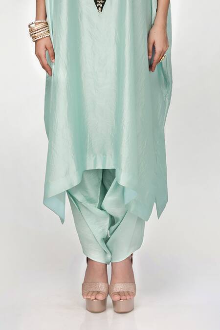 Buy_Ranian_Aqua Silk Sequins V-neck Wrinkled Kaftan And Dhoti Salwar Set _Online_at_Aza_Fashions