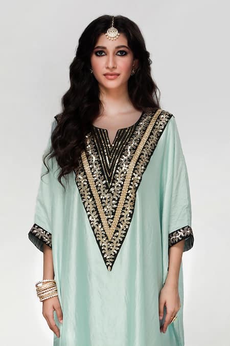 Shop_Ranian_Aqua Silk Sequins V-neck Wrinkled Kaftan And Dhoti Salwar Set _Online_at_Aza_Fashions