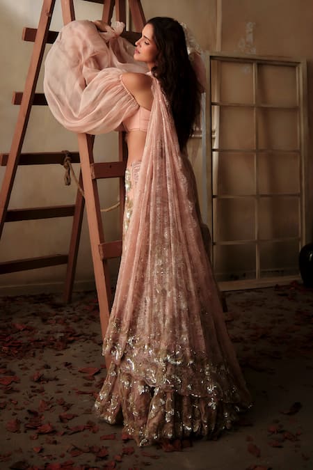Shehlaa Khan Organza Balloon Sleeve Blouse With Tulle Saree 