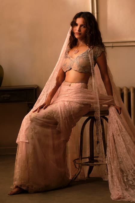 Shehlaa Khan Lace Pre-Draped Saree With Embroidered Blouse 