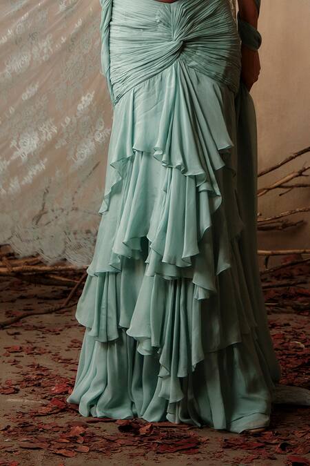 Buy_Shehlaa Khan_Teal Chiffon Bandeau Neck Pre-draped Ruffle Saree With Blouse _Online_at_Aza_Fashions