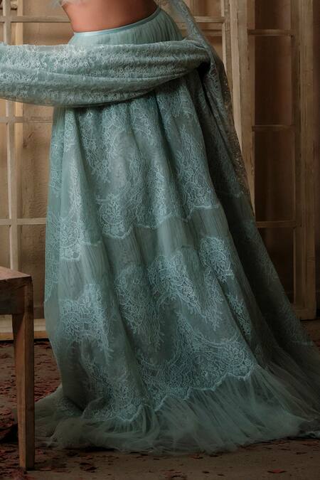 Buy_Shehlaa Khan_Sky Blue Lace, Tulle Lace, Embroidery Sweetheart Neck Lehenga Set _Online_at_Aza_Fashions