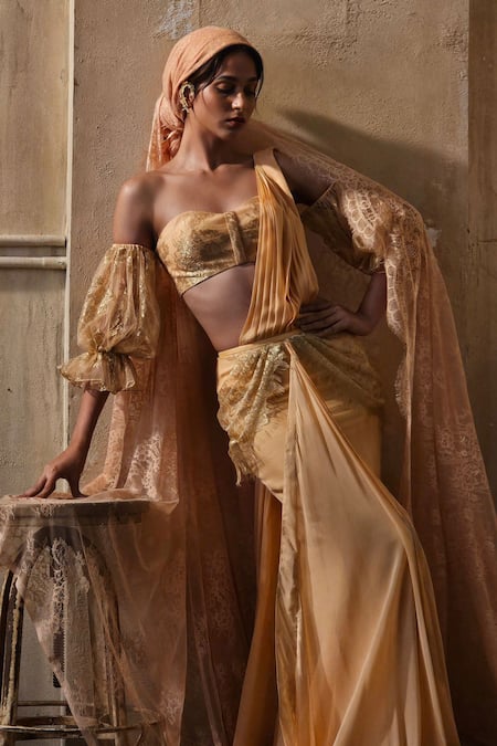 Shehlaa Khan Lace & Chiffon Pre-Draped Saree With Satin Blouse 