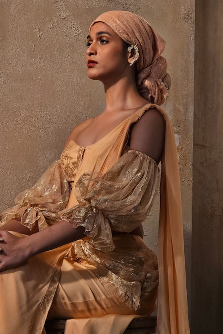 Shehlaa Khan_Peach Lace, Chiffon, Satin Lace, Embroidery, And Pre-draped Saree With Blouse _Online_at_Aza_Fashions
