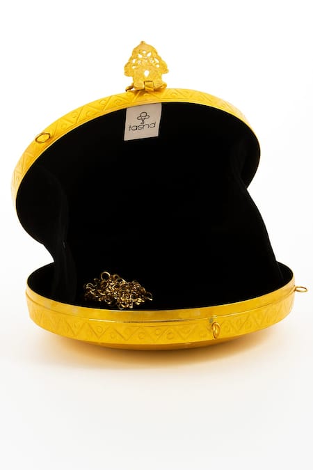 Tasna_Gold Embroidery, Stones, Pearls Hand-carved Kundan Meenakari Brass Metal Clutch _Online_at_Aza_Fashions
