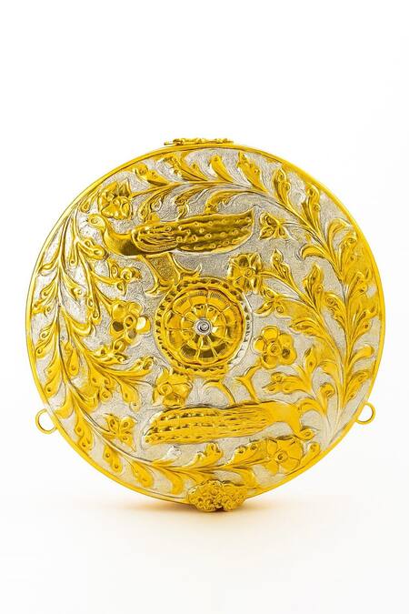 Buy_Tasna_Gold Embroidery, Stones, Pearls Hand-carved Kundan Meenakari Brass Metal Clutch _Online_at_Aza_Fashions