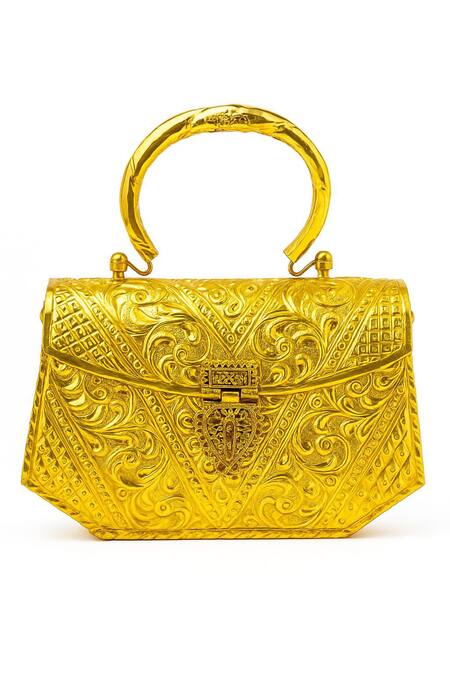 Tasna_Gold Embroidery Handcrafted Brass Engraved Clutch Bag _Online_at_Aza_Fashions