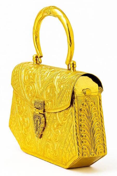 Buy_Tasna_Gold Embroidery Handcrafted Brass Engraved Clutch Bag _Online_at_Aza_Fashions