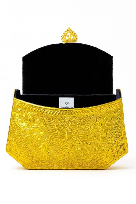 Tasna_Gold Embroidery Handcrafted Brass Engraved Clutch Bag _at_Aza_Fashions
