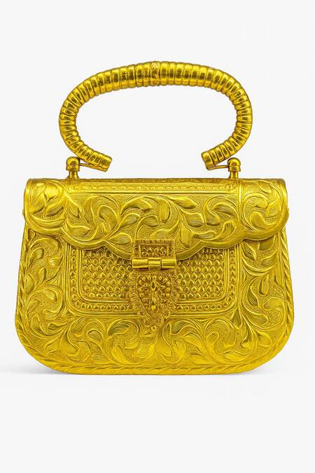 Shop Tasna Gold Embroidery Handcrafted Engraved Brass Clutch Bag Online at Aza Fashions Shop_Tasna_Gold Embroidery Handcrafted Engraved Brass Clutch Bag _Online_at_Aza_Fashions