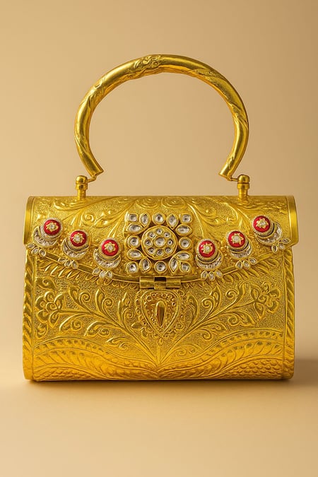Tasna Kundan & Meenakari Hand-Carved Brass Clutch 