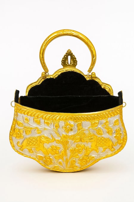 Tasna_Gold Embroidery Elephant And Floral Engraved Brass Clutch _Online_at_Aza_Fashions