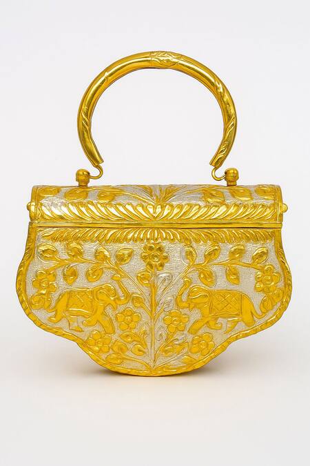 Tasna Elephant & Floral Engraved Brass Clutch 