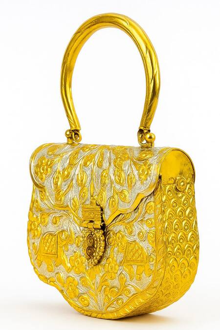 Buy_Tasna_Gold Embroidery Elephant And Floral Engraved Brass Clutch _Online_at_Aza_Fashions
