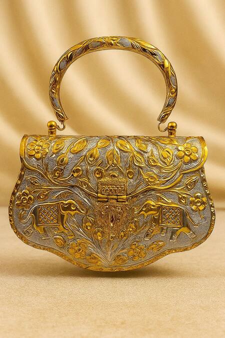 Tasna Elephant & Floral Engraved Brass Clutch 