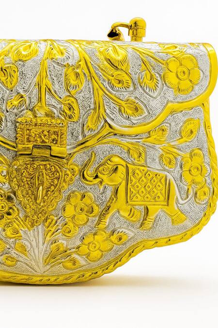 Shop_Tasna_Gold Embroidery Elephant And Floral Engraved Brass Clutch _Online_at_Aza_Fashions