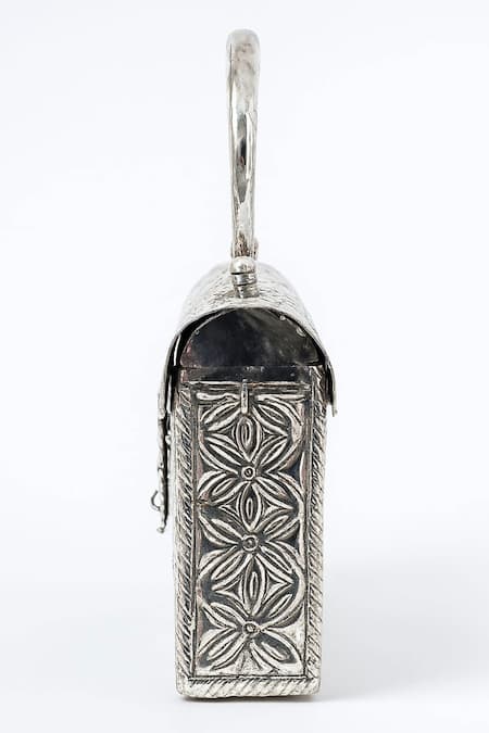 Tasna_Silver Handcrafted Floral And Geometric Engraved Clutch _Online_at_Aza_Fashions