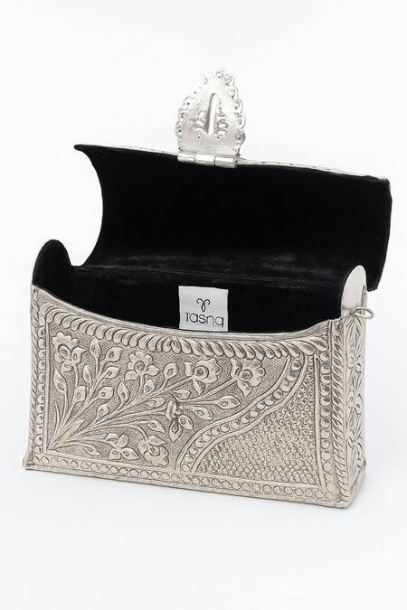 Buy_Tasna_Silver Handcrafted Floral And Geometric Engraved Clutch _Online_at_Aza_Fashions