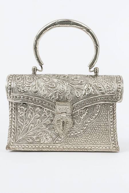 Shop_Tasna_Silver Handcrafted Floral And Geometric Engraved Clutch _Online_at_Aza_Fashions