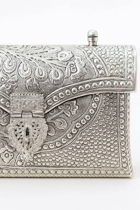Tasna_Silver Handcrafted Floral And Geometric Engraved Clutch _at_Aza_Fashions