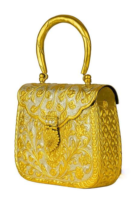 Buy_Tasna_Gold Embroidery, Stones Brass Engraved Floral And Peacock Clutch _Online_at_Aza_Fashions