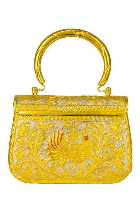 Tasna Brass Engraved Floral & Peacock Clutch 
