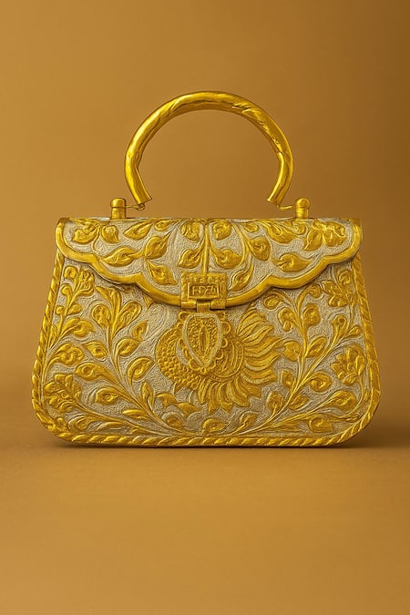 Tasna Brass Engraved Floral & Peacock Clutch 