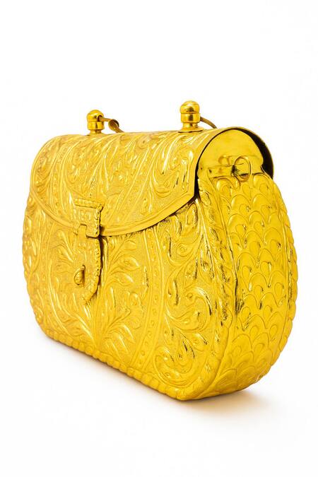 Tasna_Gold Embroidery Handcrafted Floral Engraved Brass Clutch _Online_at_Aza_Fashions