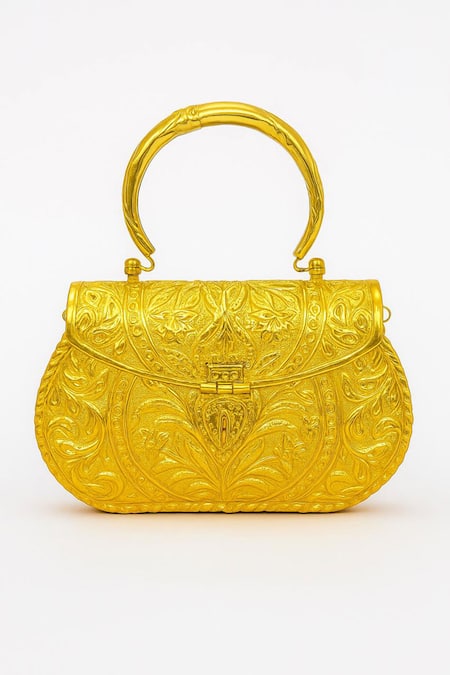 Shop_Tasna_Gold Embroidery Handcrafted Floral Engraved Brass Clutch _Online_at_Aza_Fashions