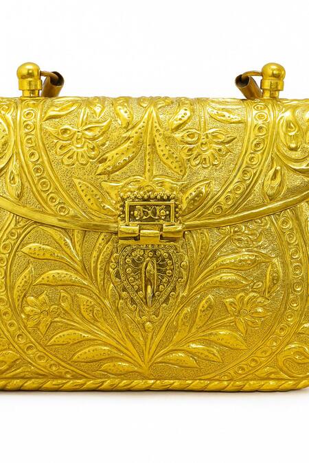 Tasna_Gold Embroidery Handcrafted Floral Engraved Brass Clutch _at_Aza_Fashions