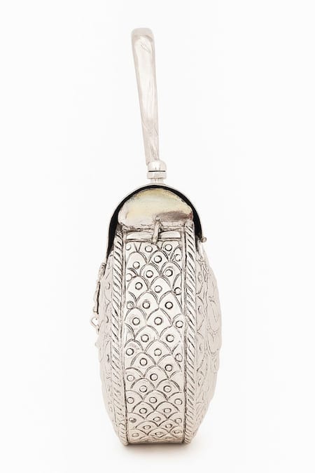 Tasna_Silver Handcrafted Engraved Brass Clutch _Online_at_Aza_Fashions