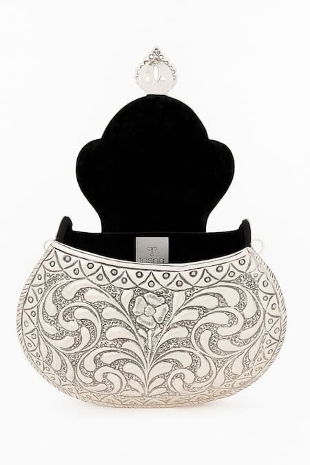 Buy_Tasna_Silver Handcrafted Engraved Brass Clutch _Online_at_Aza_Fashions