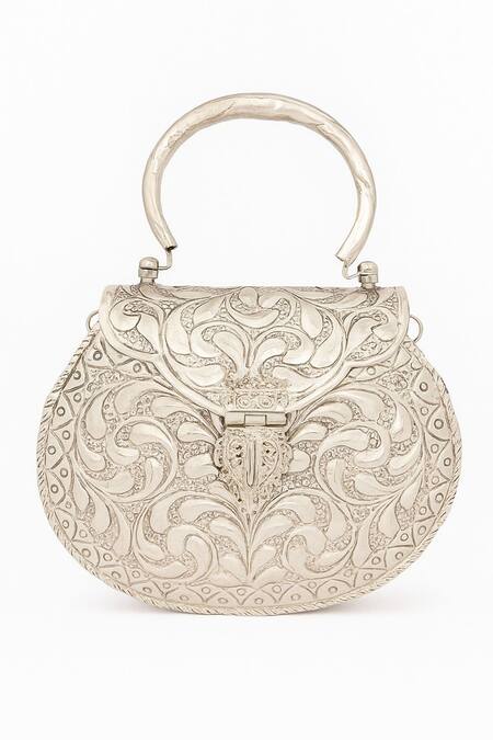 Shop_Tasna_Silver Handcrafted Engraved Brass Clutch _Online_at_Aza_Fashions