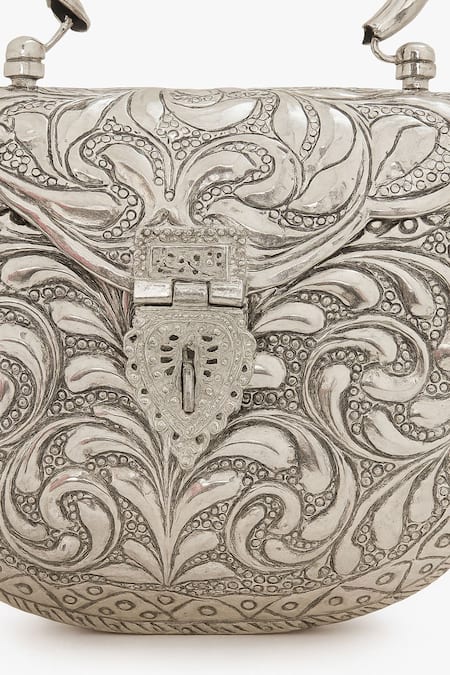 Tasna_Silver Handcrafted Engraved Brass Clutch _at_Aza_Fashions