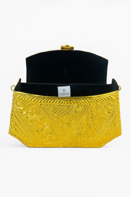 Tasna_Gold Embroidery Handcrafted Brass Engraved Clutch _Online_at_Aza_Fashions