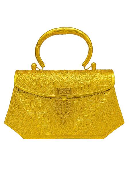 Shop_Tasna_Gold Embroidery Handcrafted Brass Engraved Clutch _Online_at_Aza_Fashions