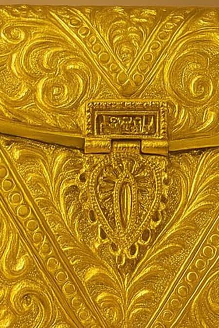 Tasna_Gold Embroidery Handcrafted Brass Engraved Clutch _at_Aza_Fashions