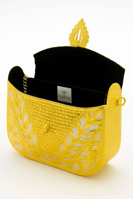 Tasna_Gold Brass Engraved Clutch _Online_at_Aza_Fashions