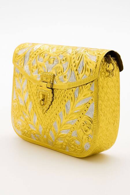 Buy_Tasna_Gold Brass Engraved Clutch _Online_at_Aza_Fashions