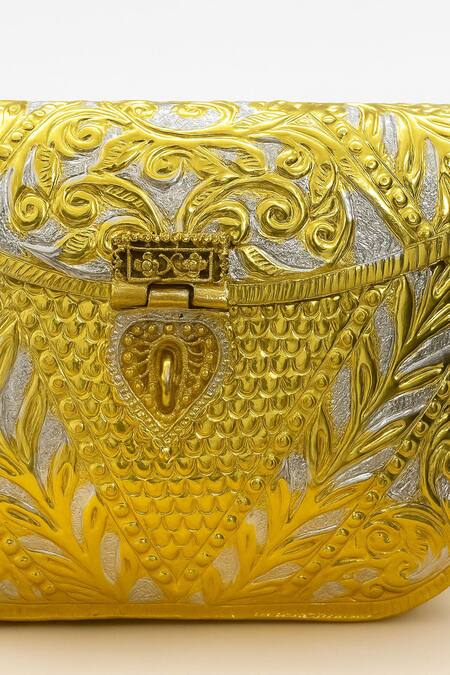 Tasna_Gold Brass Engraved Clutch _at_Aza_Fashions