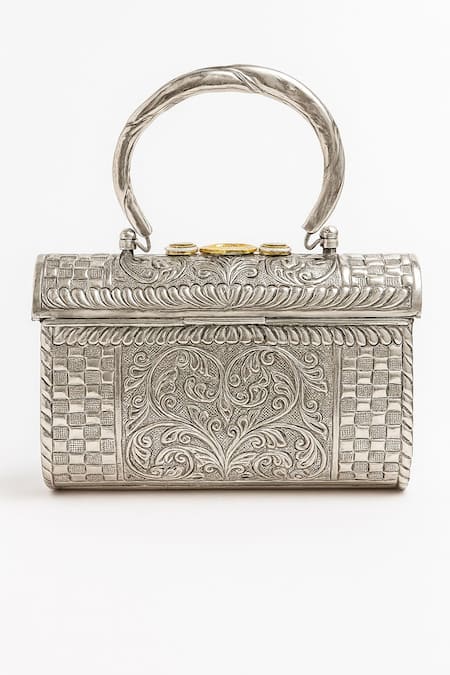 Tasna Hand-Carved Kundan & Meenakari Brass Clutch 