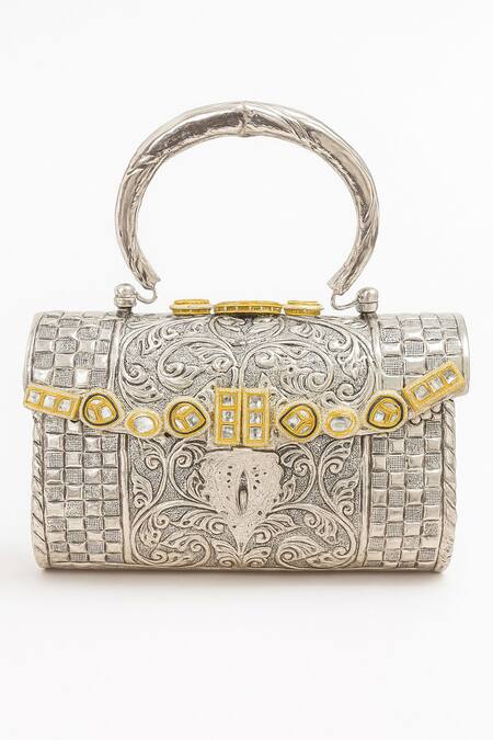 Tasna_Silver Stones, Embroidery Hand-carved Kundan And Meenakari Brass Clutch _at_Aza_Fashions