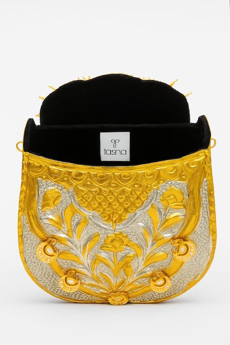 Tasna_Gold Gemstones, Metallic Thread, Hand-carved Kundan And Meenakari Brass Clutch _Online_at_Aza_Fashions