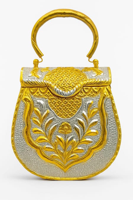 Tasna Hand-Carved Kundan & Meenakari Brass Clutch 