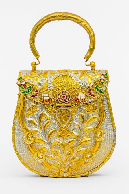 Buy_Tasna_Gold Gemstones, Metallic Thread, Hand-carved Kundan And Meenakari Brass Clutch _Online_at_Aza_Fashions