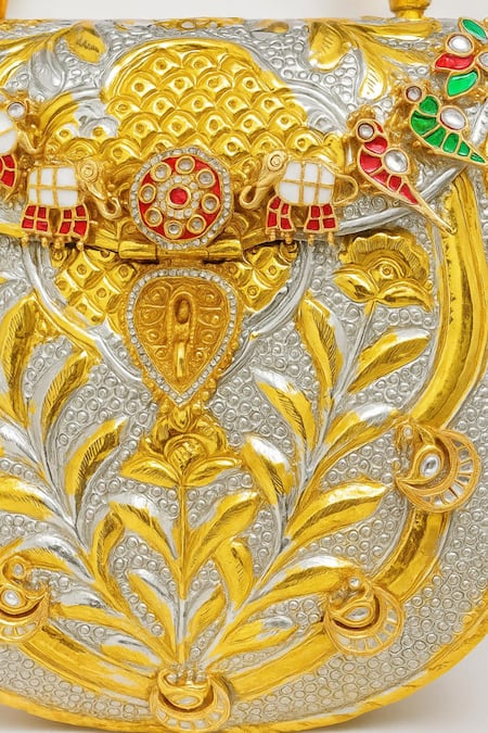 Shop_Tasna_Gold Gemstones, Metallic Thread, Hand-carved Kundan And Meenakari Brass Clutch _Online_at_Aza_Fashions