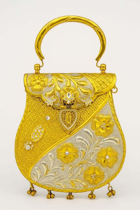 Shop_Tasna_Gold Stones, Metallic Thread, Kundan And Meenakari Brass Hand-carved Clutch _Online_at_Aza_Fashions