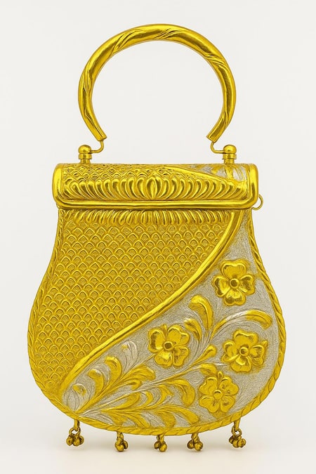 Tasna Kundan & Meenakari Brass Hand-Carved Clutch 