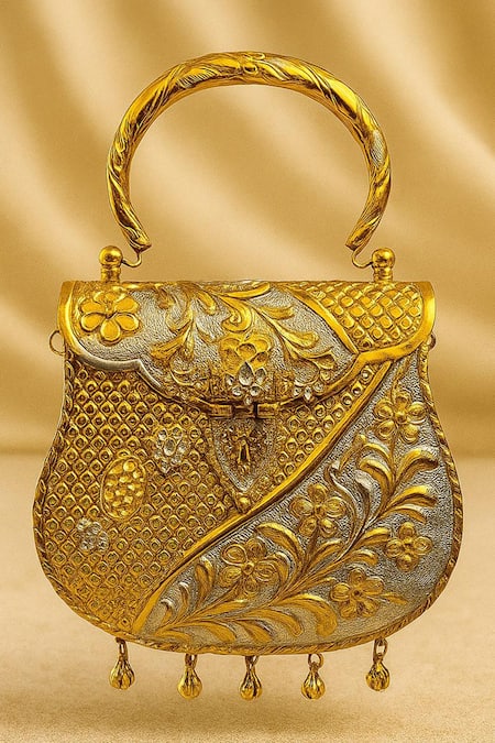 Tasna Kundan & Meenakari Brass Hand-Carved Clutch 