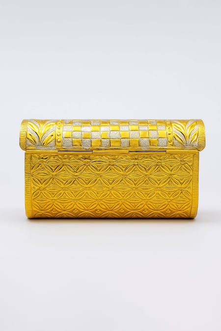 Tasna Hand-Carved Kundan & Meenakari Brass Clutch 